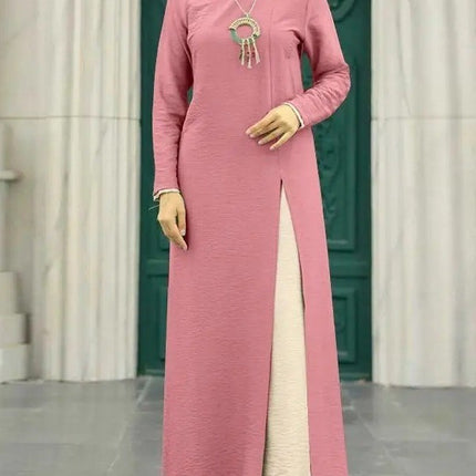 Robe en soie glacée froissée à manches longues et ourlet fendu haut pour femmes musulmanes