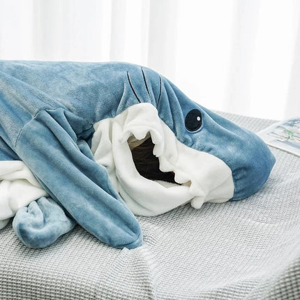 Cozy Shark-Themed Cartoon Sleeping Bag Pajamas & Shawl