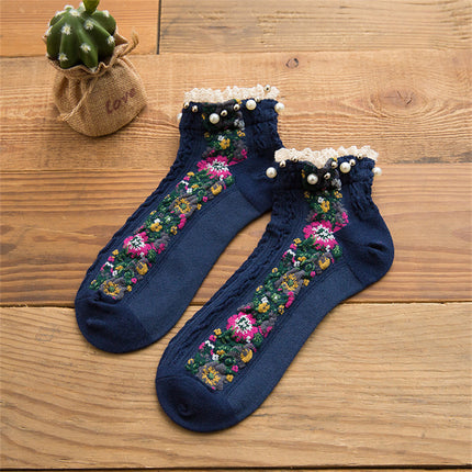 Chaussettes à la cheville rétro Lolita à motif floral et perles