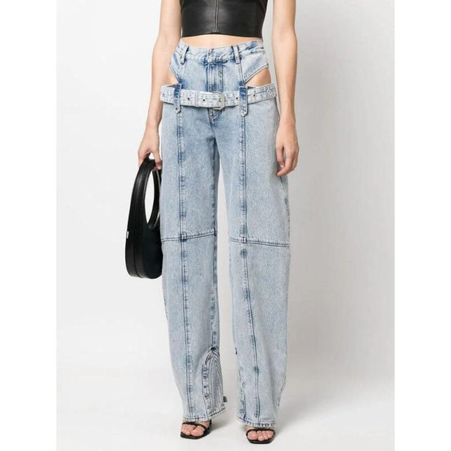 Pantalon en jean droit décontracté taille haute avec détails ajourés