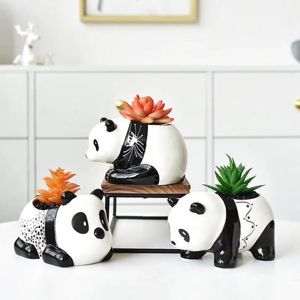 Pot de fleurs en céramique panda mignon - Pot de fleurs en forme d'animal de dessin animé noir et blanc pour la décoration intérieure