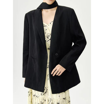 Blazer noir élégant avec décolleté et ruban pour femme de bureau