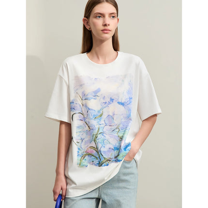 T-shirt en coton à imprimé artistique minimaliste pour femme - Haut décontracté à manches courtes