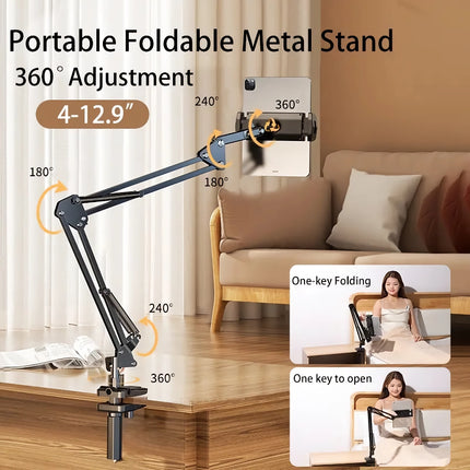360° Rotatable Tablet and Phone Stand with Long Arm and Adjustable Holder