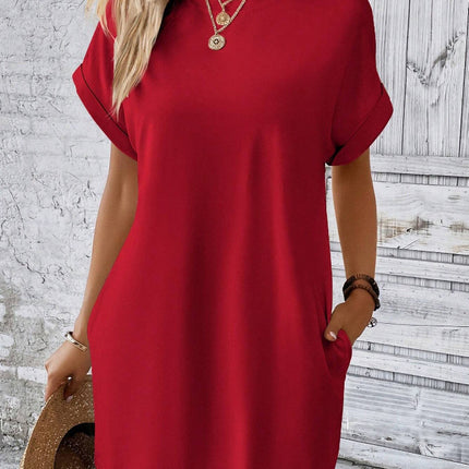 Loose Short Sleeve Dress With Pockets Summer Casual Solid Color Round Neck Straight Dresses Womens Clothing