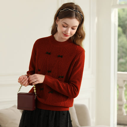 Pull de Noël rouge avec nœud français doux pour femme