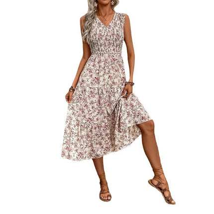 Floral Flounce Slim Sleeveless Long Dress