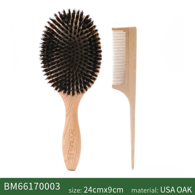 Brosse à poils de sanglier en bois de chêne pour démêler et masser le cuir chevelu