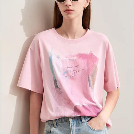 T-shirt à imprimé abstrait minimaliste et ample à col rond pour femme