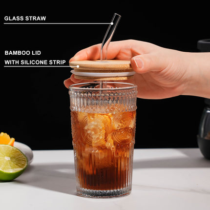 350ML Transparent Glass Cup with Wooden Lid & Straw