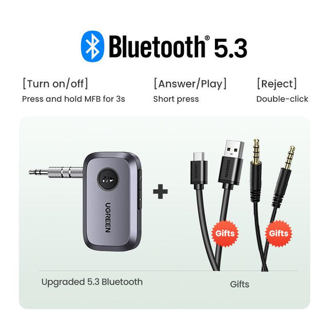 Adaptador receptor de audio para automóvil con Bluetooth 5.3, entrada AUX de 3,5 mm y llamadas manos libres