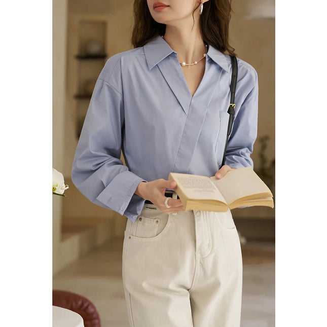 Camisa de manga larga con cuello vuelto y escote en V estilo retro francés para mujer