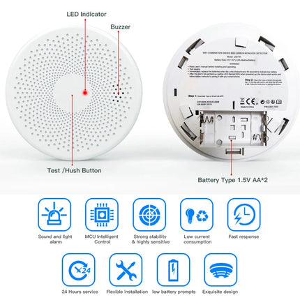 Detector de humo y monóxido de carbono inteligente 2 en 1 con WiFi