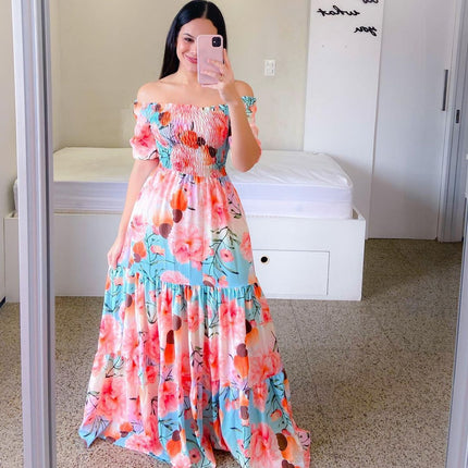 Vestido largo con hombros descubiertos y estampado floral para mujer