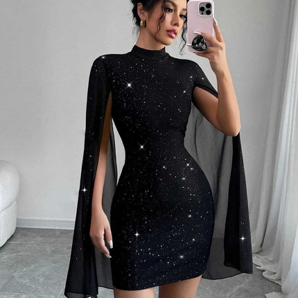 Women's Sexy Elegant Evening Party Dresses Round Neck Pit Stripe Pearl Chiffon Cape Sleeve Wrapped Hip Dress