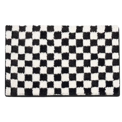 Tapis de salle de bain absorbant et antidérapant à motif quadrillé noir et blanc