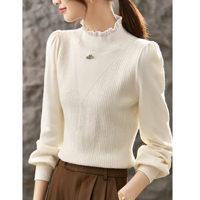 Elegant Puff Sleeve Knit Sweater with Love Brooch