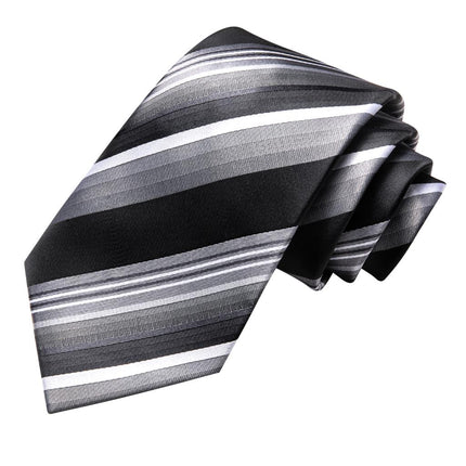 Elegant Black Grey Striped Men's Necktie with Matching Cufflinks and Handkerchie