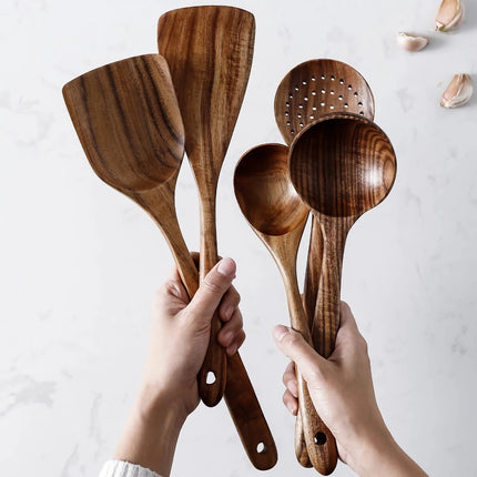 Juego de utensilios de cocina de madera de teca ecológicos: kit de herramientas de cocina de 7 piezas