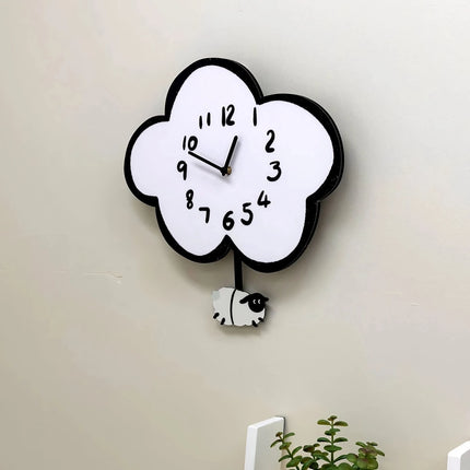 Reloj de pared oscilante con forma de oveja y nube de dibujos animados, silencioso, de 38 cm