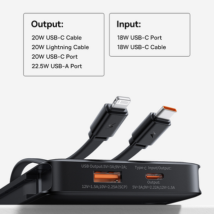 Batterie externe à charge rapide 22,5 W 10 000 mAh avec câbles intégrés