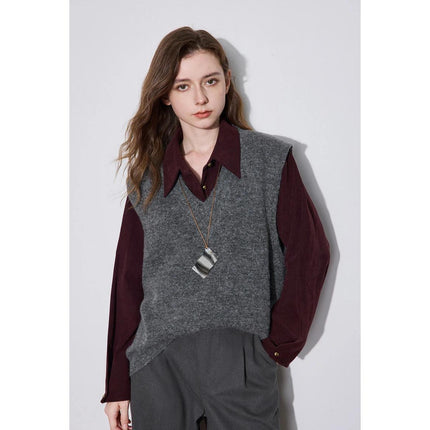 Pull tricoté sans manches à col en V en laine d'alpaga pour femme