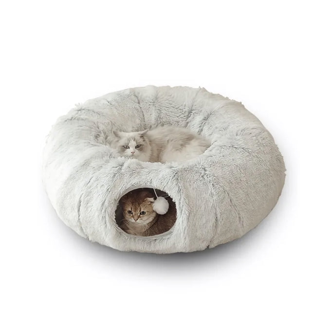 Lit en peluche pour chat avec tunnel