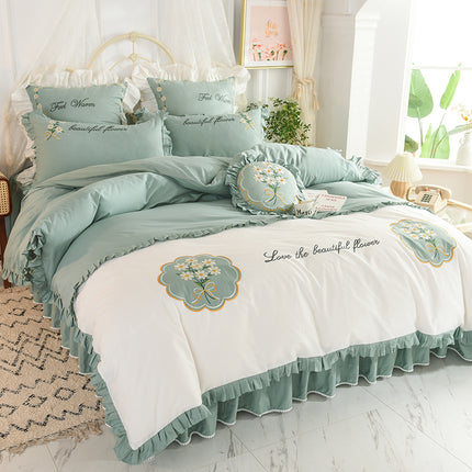 Summer Ruffled Cotton Four-piece Set Girl Heart Embroidery Flower Quilt Cover - Wnkrs