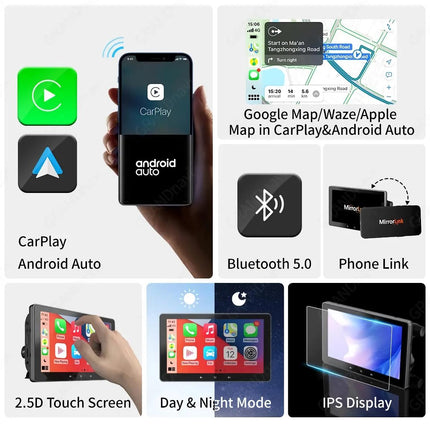 Lecteur vidéo multimédia universel à écran tactile de 7 pouces avec CarPlay sans fil et Android Auto