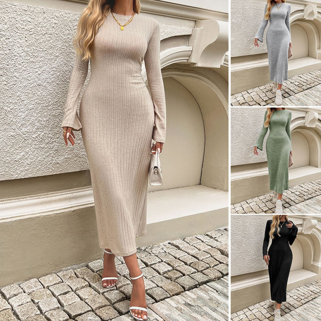 Nuevo vestido de punto de color liso con mangas acampanadas para mujer