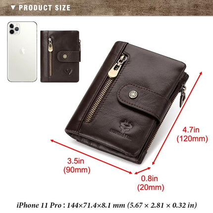 Portefeuille fin en cuir véritable avec poche zippée pour pièces de monnaie