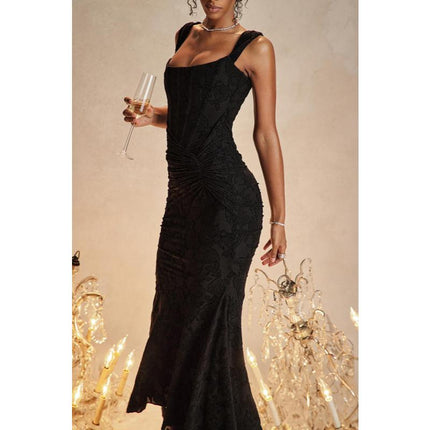 Elegant Ruffled Evening Maxi Dress with Zipper Detail