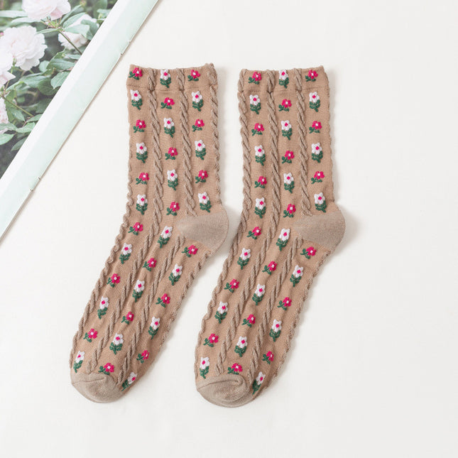 Chaussettes en coton à motif de fleurs de dessin animé pour femmes