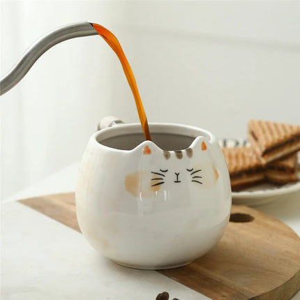 Tasse en céramique en forme de chat mignon – Tasse à café et à thé peinte à la main de 380 ml avec cuillère