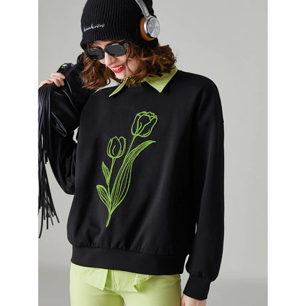 Sudadera con capucha holgada y bordada con flores de moda para mujer