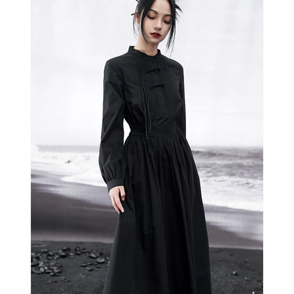 Elegante vestido camisero negro de corte A para mujer en otoño