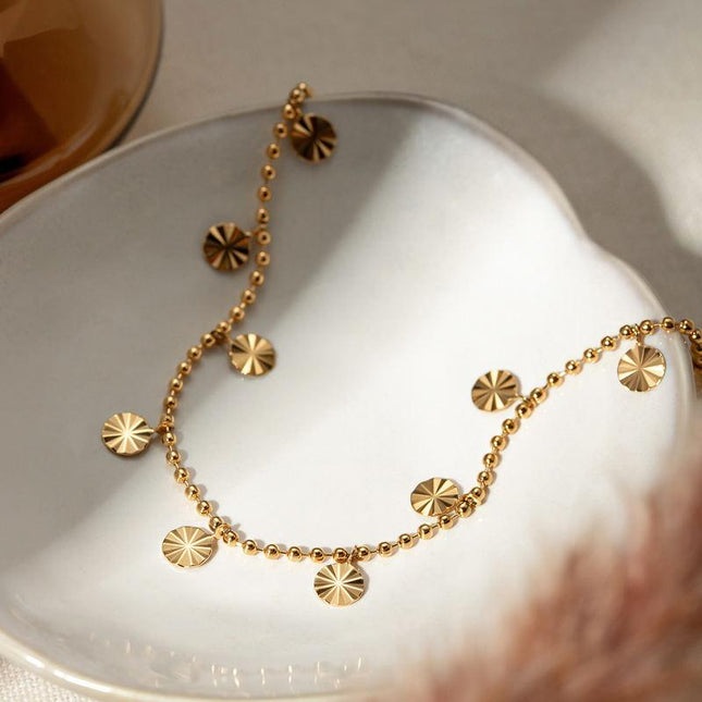 Stylish 18k Gold Plated Petal Circle Pendant Bead Anklet