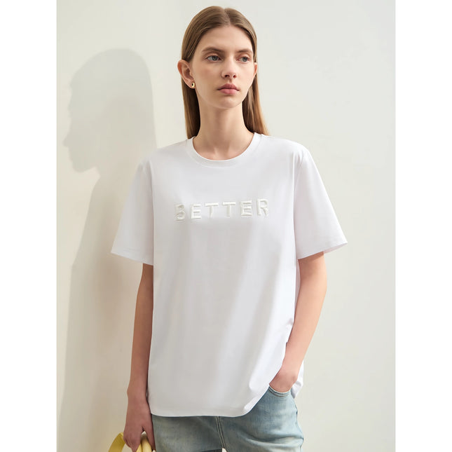 T-shirt minimaliste en coton brodé à manches courtes pour femme