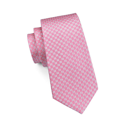 Ensemble cravate en soie à carreaux rose et blanc – Cravate de mariage formelle pour homme, mouchoir, boutons de manchette