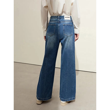 Jean ample décontracté vintage à jambes larges pour femmes - Pantalon plissé en coton d'automne