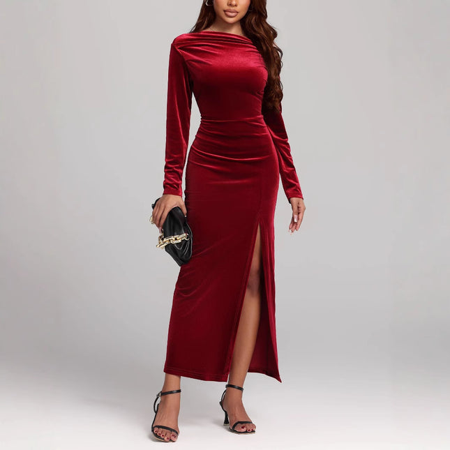 Women's Clothing Slit Formal Dress Pleuche Dress