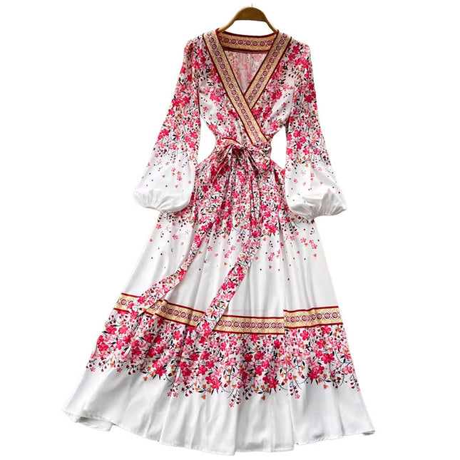 Robe mi-longue bohème imprimée à manches longues