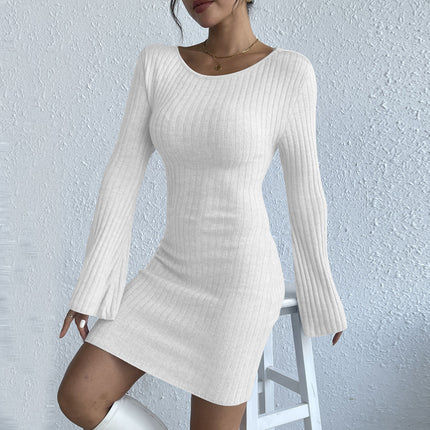 Robe pull longue dos nu à manches cloches pour femmes, couleur unie