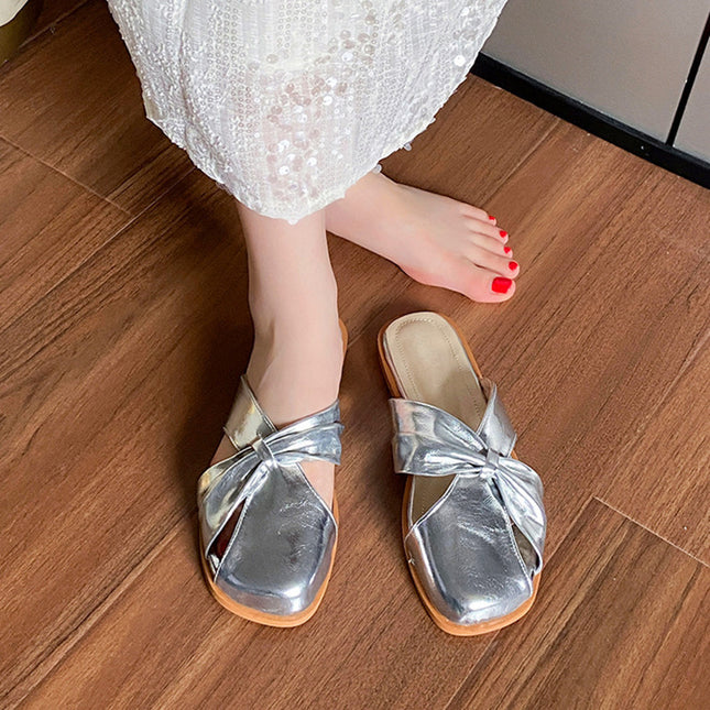 Zapatillas de punta cuadrada y punta cerrada de moda para mujer, sandalias planas cómodas de verano, zapatos perezosos de un solo paso con medias sandalias