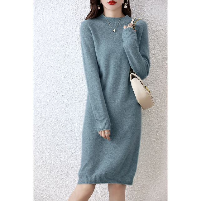 Vestido de lana moldeado integrado con cuello medio alto para otoño e invierno