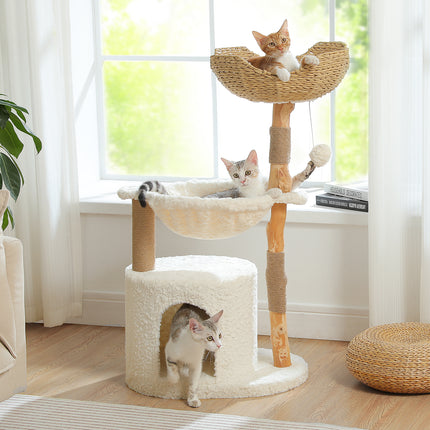 Arbre à chat moderne avec panier tressé, hamac et griffoir en bois massif pour grands chats d'intérieur