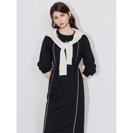 Sports Contrasting Color Pullover Dress with Drawstring Belt