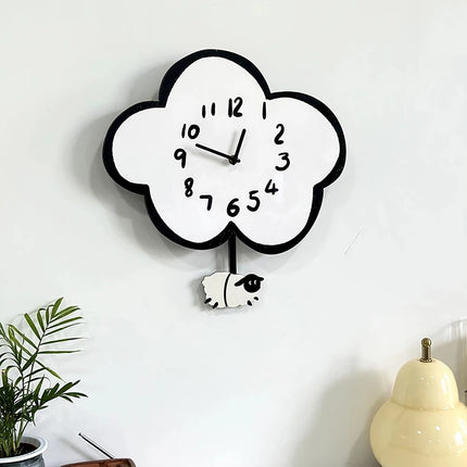 Horloge murale silencieuse à bascule en forme de mouton et de nuage de dessin animé de 38 cm