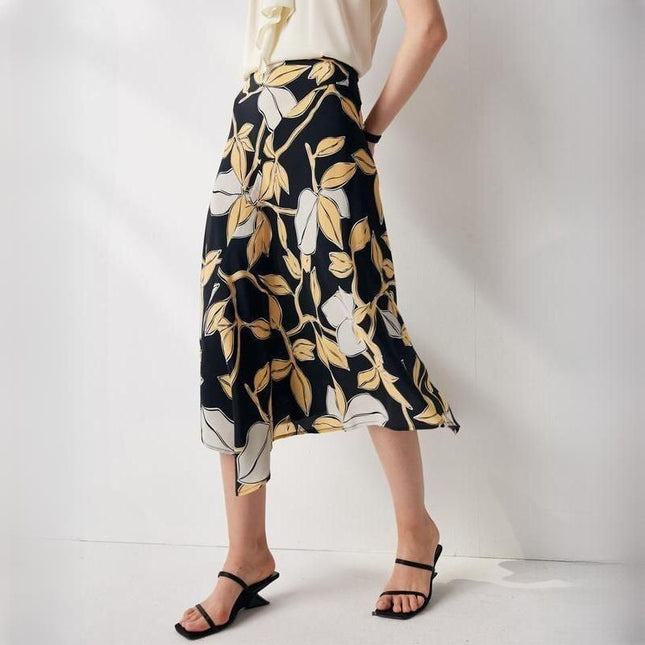 Elegant Floral Silk A-Line Skirt