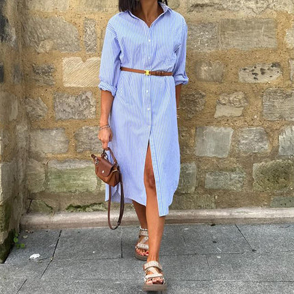 Vestido de largo medio con estampado de rayas de moda para mujer